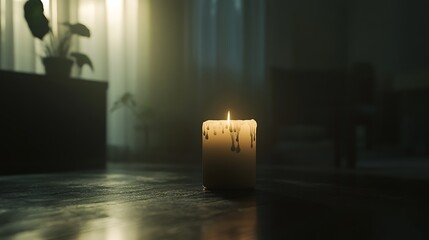 A solitary candle flickering in a dark room, casting shadows that tell a story of things
