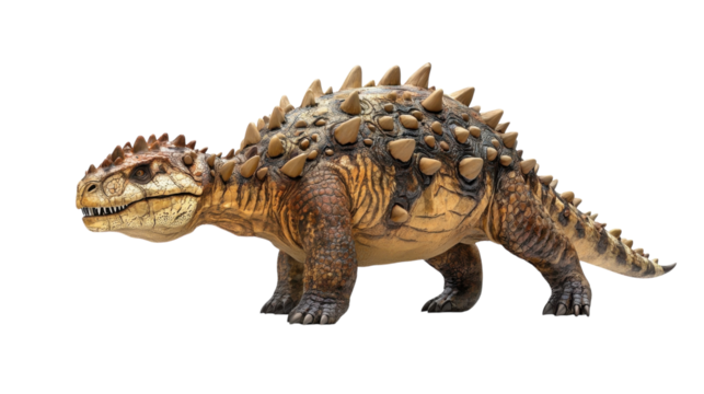 Dinosaur-like creature with spiked back and scaled body poses on a plain background during daylight hours