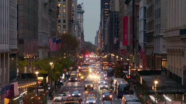 Aerial perspective revealing congested Fifth Avenue gridlock during twilight, city lights casting glow over stalled vehicles in Manhattan