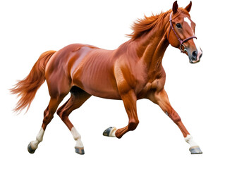 Naklejka premium A majestic brown horse running freely, showcasing its strength and beauty in a natural setting, embodying grace and elegance.