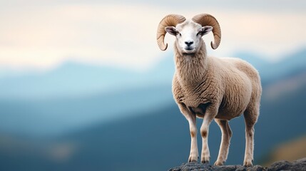 Naklejka premium Majestic Rams Standing Proudly on Rocky Terrain Against a Scenic Mountain Background
