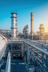 Obraz premium Vast industrial gas processing facility featuring massive storage tanks and intricate pipelines under a clear blue sky.