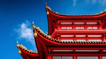 Fototapeta premium Exquisite Red Roof Design of Traditional East Asian Architecture Under Blue Sky