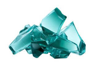 A pile of broken turquoise glass pieces, showcasing sharp edges and glossy surfaces, perfect for creative design and artistic projects.