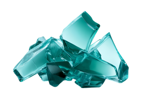 A pile of broken turquoise glass pieces, showcasing sharp edges and glossy surfaces, perfect for creative design and artistic projects.