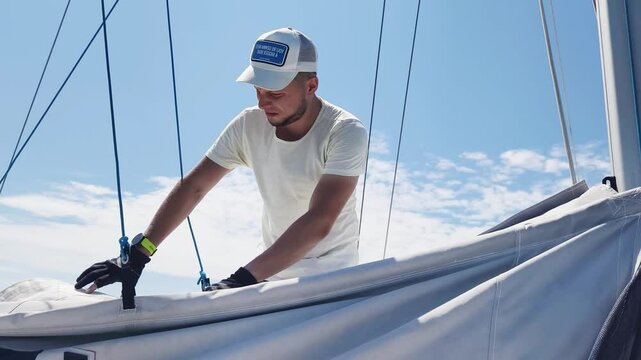 Male captain on deck of sailboat opening sails pulling the rope