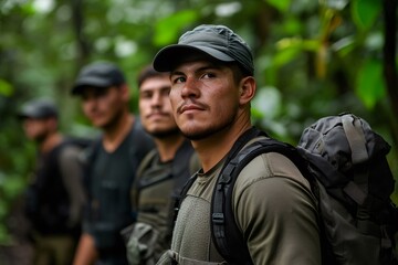 Fototapeta premium Soldiers patrolling dense jungle environment during military operation