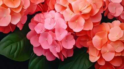Obraz premium Vibrant Pink and Coral Hydrangea Flowers with Lush Green Leaves Against Dark Background