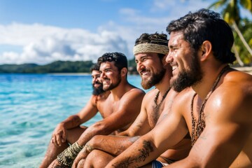 Obraz premium Indigenous polynesian men relaxing on tropical beach in french polynesia