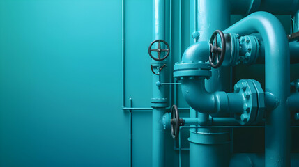Industrial scene featuring blue pipes and valves against a turquoise backdrop, showcasing machinery
