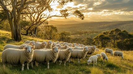 Obraz premium Flock of sheep grazing on a hillside at sunset with beautiful landscapes and trees.