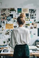 Fototapeta premium Female entrepreneur contemplating her goals while gazing at an inspiring vision board filled with dreams and aspirations.