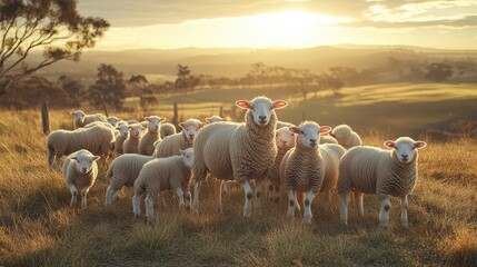 Obraz premium Flock of sheep grazing at sunrise in a scenic countryside landscape.
