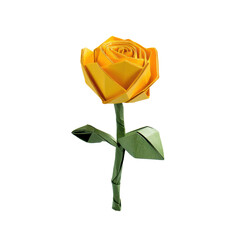 Yellow origami rose with green stem and folded leaves, crafted with sharp creases. The paper flower has a delicate, artistic appearance. Isolated on transparent background, png.