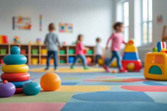 Playroom with toys in kindergarten on the background with blurred playing kids. AI generated