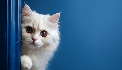 Fluffy White Cat Peeking From Vibrant Blue Door Frame