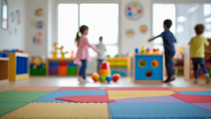 Playroom with toys in kindergarten on the background with blurred playing kids. AI generated