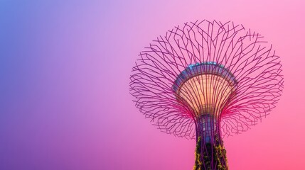 Futuristic Vertical Garden Structure Against Colorful Sunset Sky in Urban Landscape