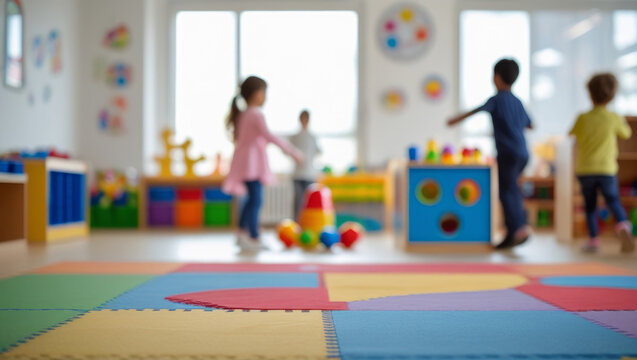 Playroom with toys in kindergarten on the background with blurred playing kids. AI generated
