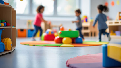 Playroom with toys in kindergarten on the background with blurred playing kids. AI generated