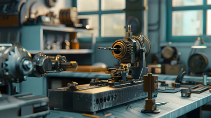 Fototapeta premium Close-up of a precision lathe in a well-lit workshop with tools and machinery in the background