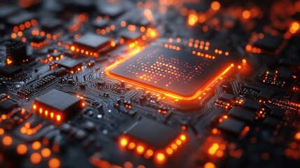 High-tech CPU on circuit board glowing