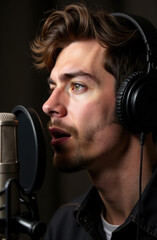 A man with headphones speaks into a microphone in a recording studio. Concept of: Voice recording session.