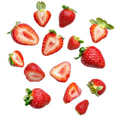 Fresh sliced and whole strawberries on transparent background