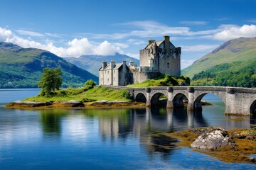 Eilean donan castle reflecting on loch duich during sunny summer day in scotland
