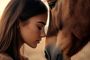 Young woman gently touching foreheads with horse at sunset