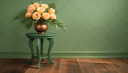 Serene Interior With Green Table And Orange Rose Bouquet