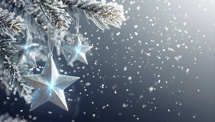 Shimmering Silver Star Ornaments Hanging From Frosted Pine Branches