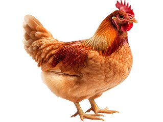 Fototapeta premium A vibrant hen standing gracefully, showcasing its rich plumage and lively demeanor, perfect for farm or poultry-related themes.