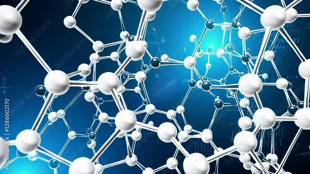 Poster Complex molecular structure rotating slowly against a blue digital background with data visualized as a grid, perfect for science and medical projects