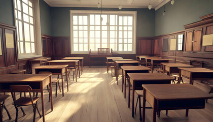 Fototapeta premium Empty vintage-style classroom with wooden desks and chairs, ready for students to return - 