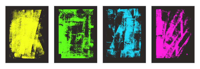 Grunge punk texture. Distressed urban street background. Paint rolled brayer retro print. Graphic ruined hand drawn abstract backdrop. Screen with linocut letterpress effect. Vector poster set. © Syuzann q