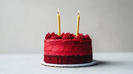 A textured red velvet cake topped with two gold-colored candles, set against a light gray background.
