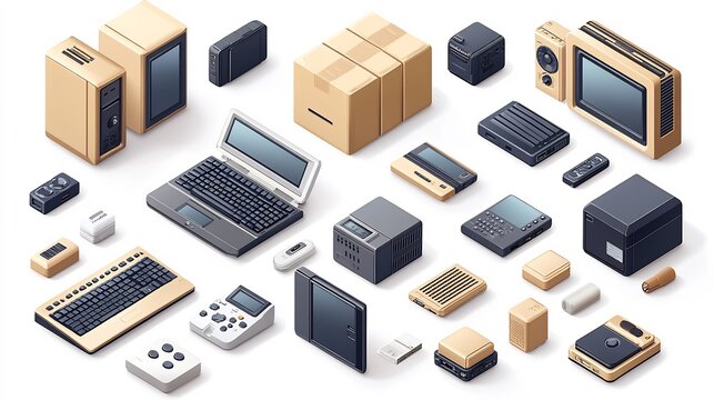 Retro Tech Gadgets Isometric View Warm Light. AI Generated