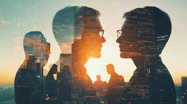 Business people using augmented reality interface for strategic planning, double exposure futuristic concept, high quality 