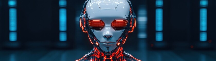 Fototapeta premium A futuristic humanoid robot with glowing red elements stands in a dark, high-tech environment, showcasing advanced artificial intelligence design.