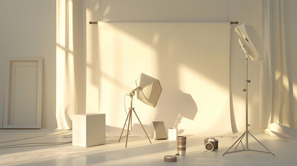 A serene photography studio setup with soft lighting, featuring props and equipment, creating a tranquil atmosphere