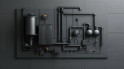Industrial black piping system on wall with valves and tanks, showcasing modern engineering design