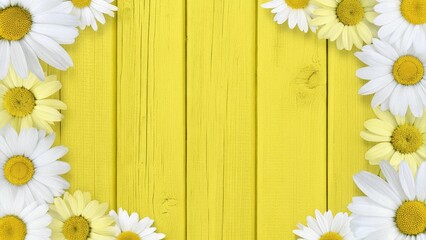 Fototapeta premium Spring composition. White and yellow daisy flowers on yellow wooden tabletop background. 