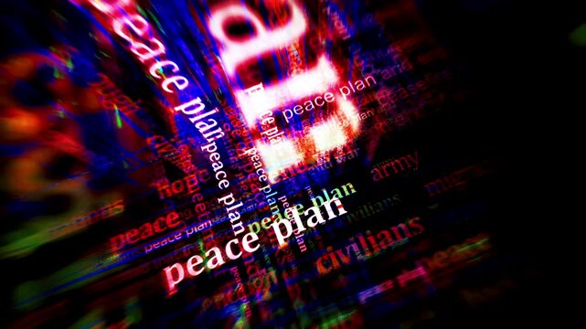Peace plan and negotiations for end the war headline news titles across media. Abstract concept displays loop. Flight between screens with glitch effect seamless looped 3d.