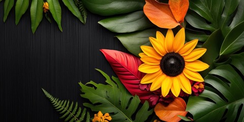 A black background with a yellow flower in the center. The flower is surrounded by green leaves and red leaves. The image has a natural and calming feel to it