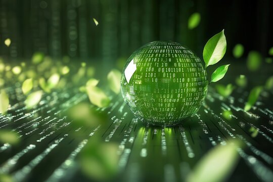sophisticated 3d ecofriendly symbol rendered in metallic green with floating leaves and binary code elements