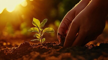 Fototapeta premium Human hands planting a tree in the soil at sunset. Earth day concept.