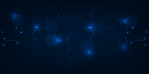 Vector illustration of digital technology space with grid line circuit tech and hexagon connecting network.Digital communication and technology concepts.
