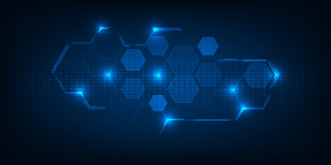 Vector illustrations of futuristic display for horizontal layout showcase with optic hexagon network and digital element grid line circuit decor.Future digital innonvation and technolog concept.