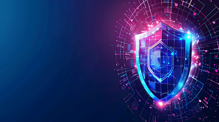 Obraz premium Futuristic digital shield symbolizing cybersecurity, glowing against a vibrant abstract background